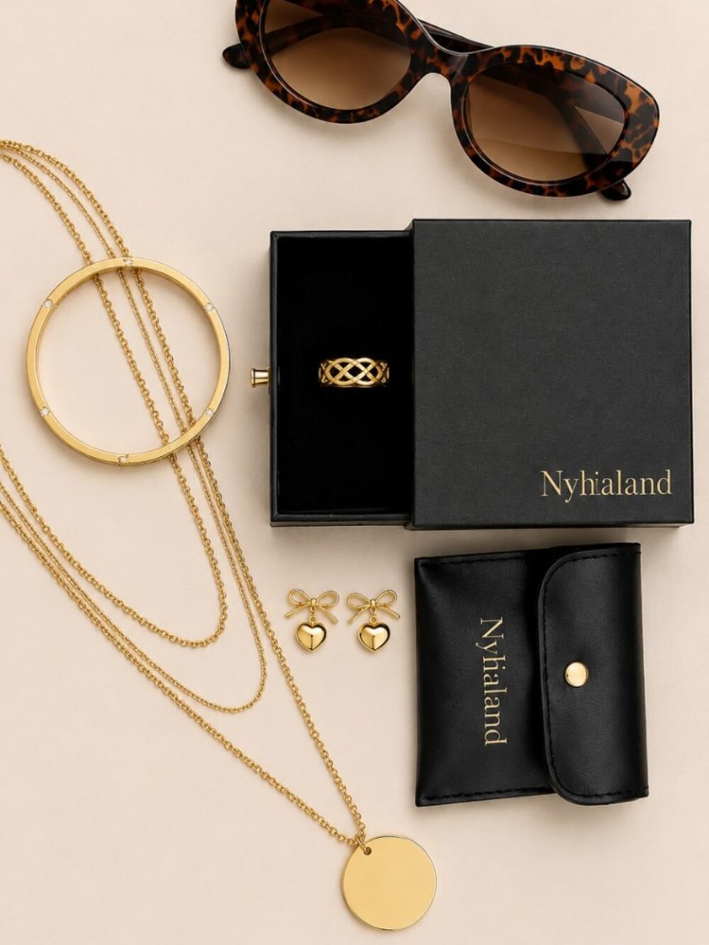 Nylialand Curated Gold Essentials Bundle & Retro Cat-Eye Sunglasses Set
